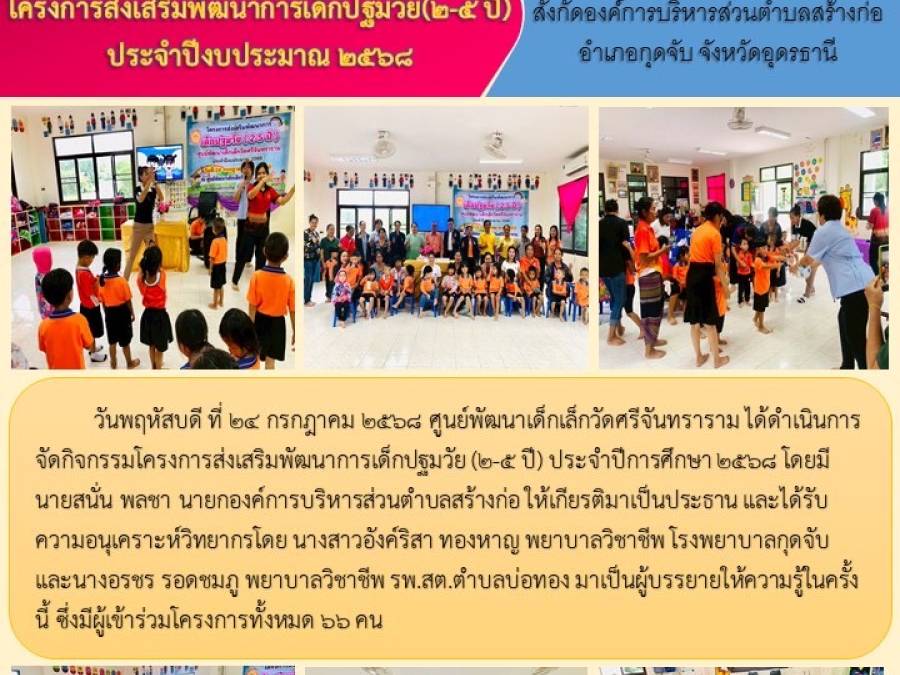 ศูนย์พัฒนาเด็กเล็กวัดศรีจันทราราม ได้ดำเนินการจัดกิจกรรมโครงการส่งเสริมพัฒนาการเด็กปฐมวัย (2-5 ปี) ประจำปีการศึกษา 2568